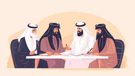 Arabic business people working in office. Arabian business people sitting at table, discussing...