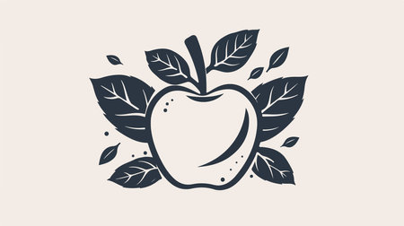 Apple icon with leaves. Vector illustration in black and white colors.のイラスト素材