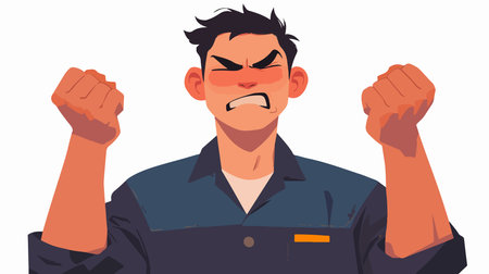 Angry man in uniform with raised hands. Vector illustration in cartoon styleのイラスト素材