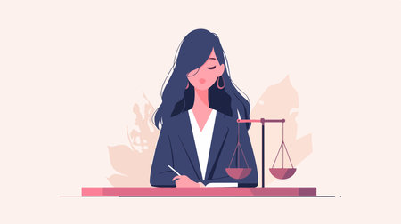Lawyer or notary concept vector illustration. Lawyer sitting at the table with scales.のイラスト素材