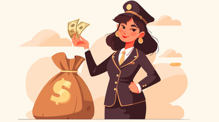 Young woman in police uniform with money bag. Vector flat cartoon illustrationのイラスト素材