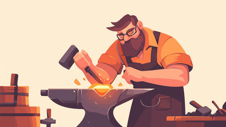 Blacksmith working on the anvil. Flat style vector illustration.のイラスト素材