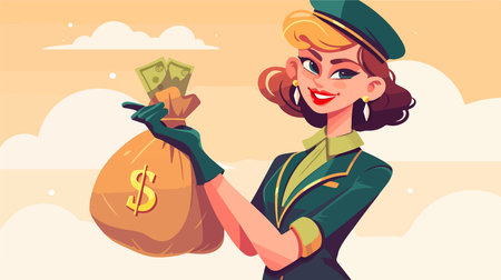 Retro woman holding money bag. Vector illustration in cartoon style.のイラスト素材
