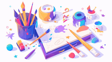 Art school composition with school supplies and paintbrushes isolated vector illustrationのイラスト素材