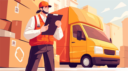 Delivery man in uniform with clipboard and van on city street vector illustrationのイラスト素材