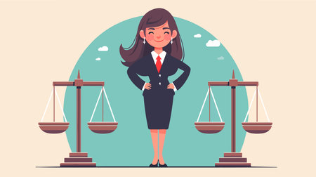 Businesswoman standing with scales of justice. Vector illustration in flat styleのイラスト素材
