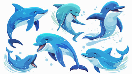 Set of cute cartoon dolphins in different poses. Vector illustration isolated on white backgroundのイラスト素材