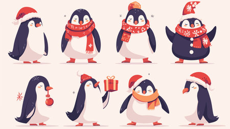 Cute penguins in Christmas hats and scarves. Vector illustrationのイラスト素材