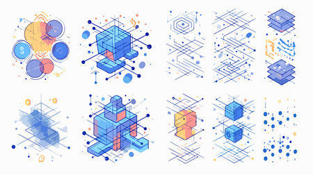 Set of abstract isometric vector illustrations. Cubes, hexagons, squares, rectangles and other elements.のイラスト素材