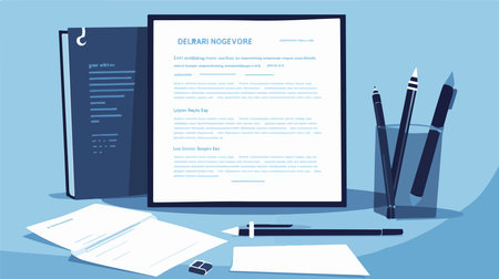 Flat design vector illustration concept of office workspace with stationery and notebook.のイラスト素材