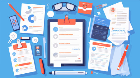 Clipboard with checklist, pen, glasses, documents, pencils. Flat style vector illustration.のイラスト素材