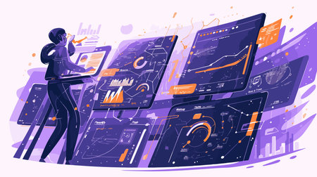 Data analysis concept. Vector illustration in flat design style. Man analyzes data.のイラスト素材