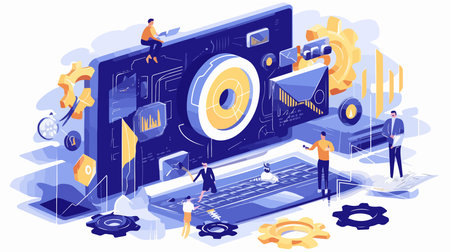 Isometric flat design concept of big data analytics, big data processing, big data analysis, cloud computing, digital technology. Vector illustration.のイラスト素材