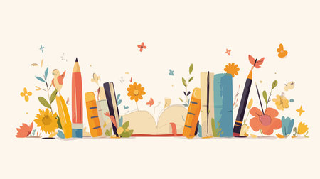 Back to school background with books and pencils. Vector illustration.のイラスト素材