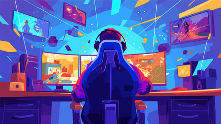 Cartoon video game players in control room. Vector illustration of a gamer playing video games in a roomのイラスト素材