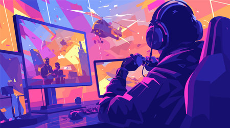 Cyberpunk gamer playing video games, vector illustration. Cartoon cyberpunk gamer playing computer games.のイラスト素材