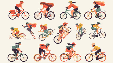 Set of flat vector illustrations of people riding bicycle. Isolated on white background.のイラスト素材