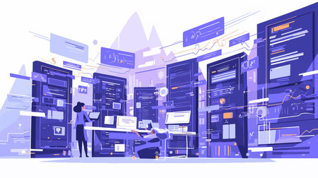 Data center. Server room, hosting, hosting, mainframe, computer, network, web Hosting. Vector illustrationのイラスト素材