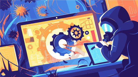 Cyber security concept vector illustration. Cartoon flat hacker stealing data from computer.のイラスト素材
