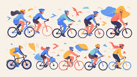 Bicyclists in the city. Men and women riding bicycles. Active lifestyle. Flat vector illustration.のイラスト素材