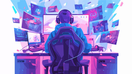 Cyber security concept vector illustration. Cartoon character hacker man in headphones working on computer.のイラスト素材