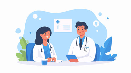 Male and female doctors sitting at the table and discussing medical issues. Vector illustrationのイラスト素材