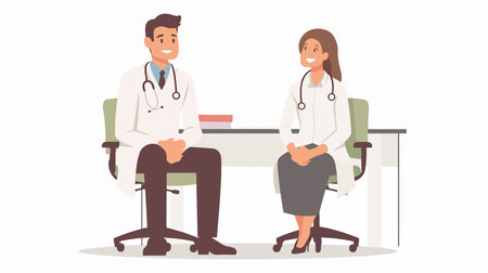 Male and female doctors sitting at desk and talking. Vector illustration.のイラスト素材