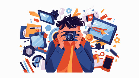 Photographer or videographer takes photos of the camera. Vector illustrationのイラスト素材