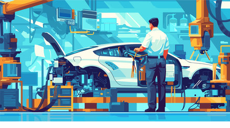 Automotive assembly line. Engineer working in auto service. Mechanic repairing car at work. Vector illustrationのイラスト素材