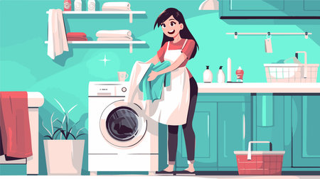 Housewife washing clothes in the bathroom. Vector illustration in flat styleのイラスト素材
