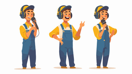 Repairman character in overalls with microphone and headphones. Vector flat cartoon illustrationのイラスト素材