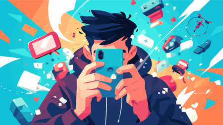 Vector illustration of a man taking a photo with a mobile phone.のイラスト素材