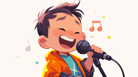 Illustration of a Cute Little Boy Singing with Microphoneのイラスト素材