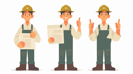 Worker with checklist and thumbs up. Vector illustration in cartoon styleのイラスト素材