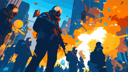 Anti-riot police in action. Police with a gun. Vector illustration.のイラスト素材