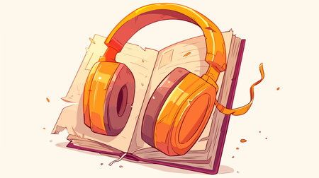 Illustration of an open book with headphones on a white background.のイラスト素材