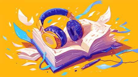 Vector illustration of open book with headphones on yellow background with confetti.のイラスト素材