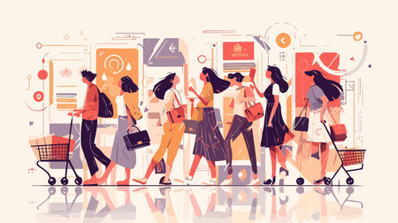 Shopping in the mall. People with shopping carts. Vector illustration.のイラスト素材