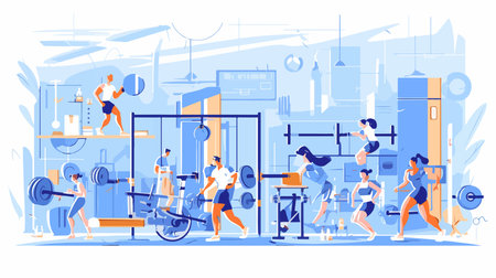 Fitness club, gym interior with people and equipment. Flat vector illustration.のイラスト素材