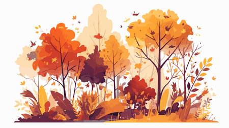 Autumn forest landscape with trees, bushes and leaves. Vector illustration.のイラスト素材