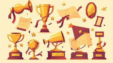 Trophy and awards icons set. Cartoon illustration of trophy and awards vector icons for web designのイラスト素材