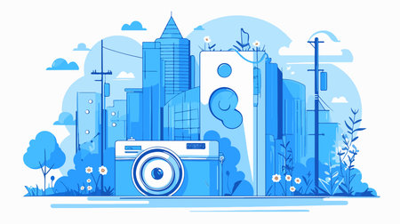 Vector illustration of a modern city with a camera. Flat style.のイラスト素材