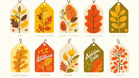 Autumn tags set with leaves and branches. Vector illustration in flat styleのイラスト素材