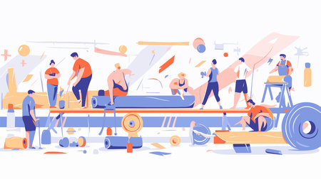 Tired people in gym flat vector illustration. Tired men and women resting after hard working day in fitness center. Workout and workout concept.のイラスト素材