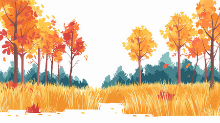 Autumn forest landscape with dry grass and trees. Vector illustration.のイラスト素材