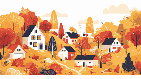 Autumn landscape with colorful houses. Vector illustration in flat style.のイラスト素材