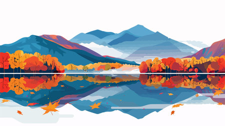 Autumn landscape with lake, mountains and trees. Vector illustration.のイラスト素材