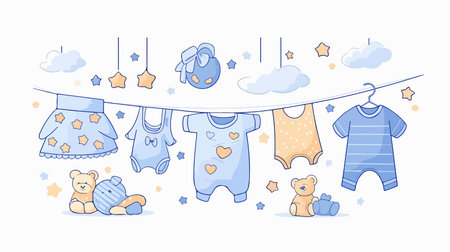 Baby clothes and toys hanging on the clothesline. Vector illustration.のイラスト素材