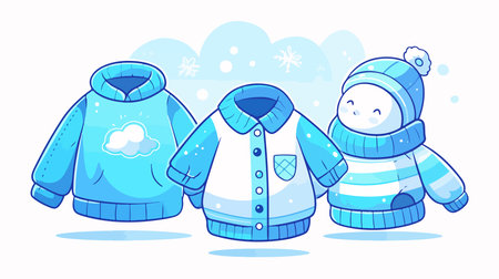 Vector illustration of winter clothes set with snowman and penguin.のイラスト素材
