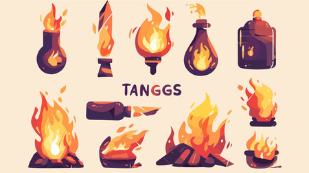 Set of fire icons. Vector illustration in cartoon style. Isolated on white background.のイラスト素材